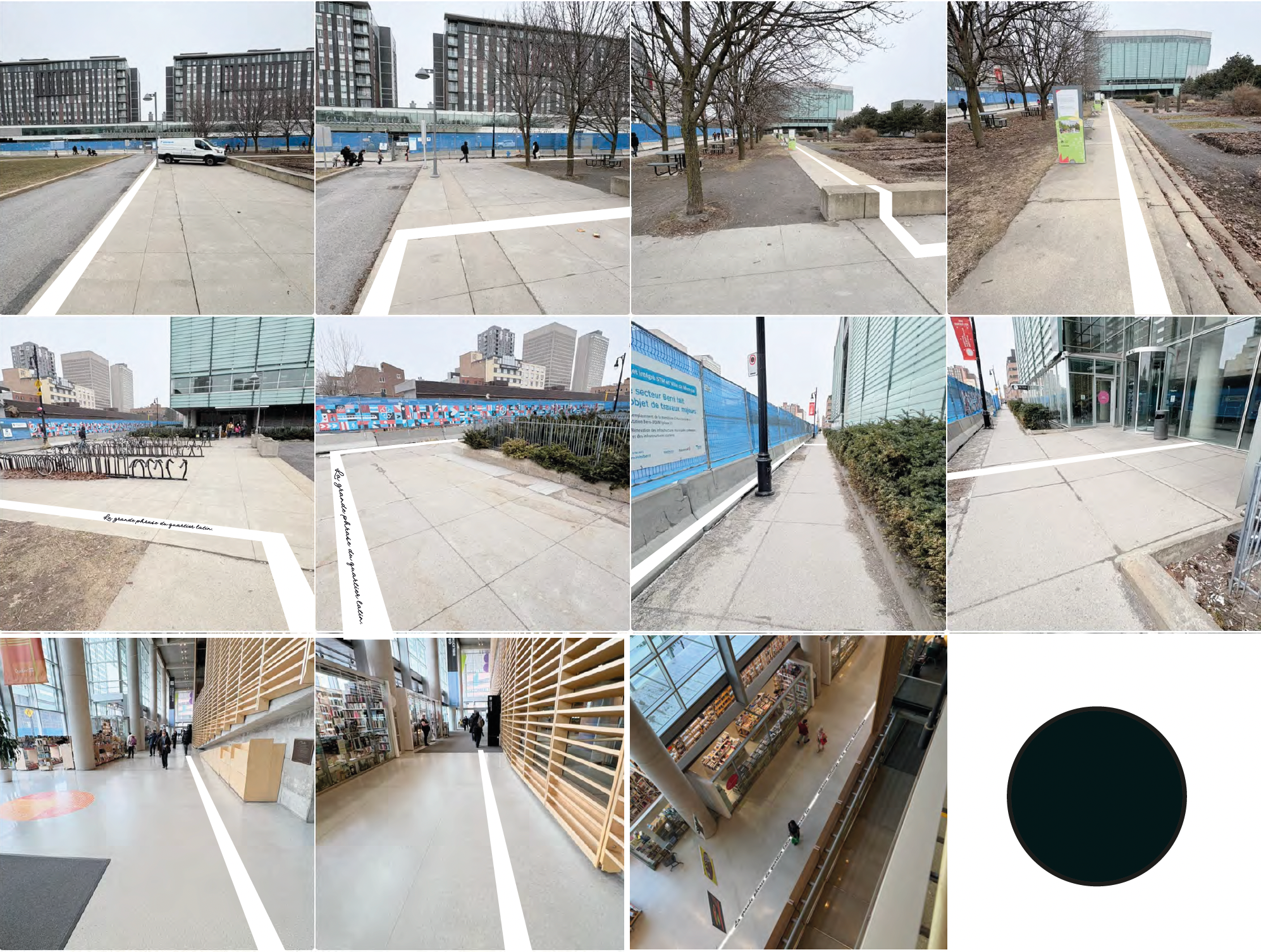 Grille de 12 photos | espaces extérieurs du campus UQAM avec la ligne blanche de la grande phrase au sol