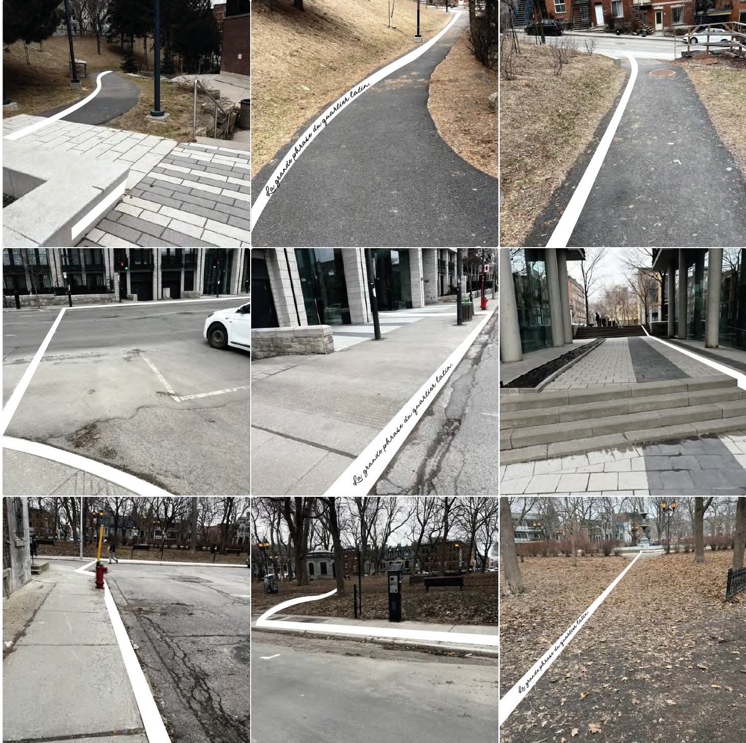 Grille de 9 photos | sentiers de parc et chemins sinueux avec la ligne blanche de la grande phrase