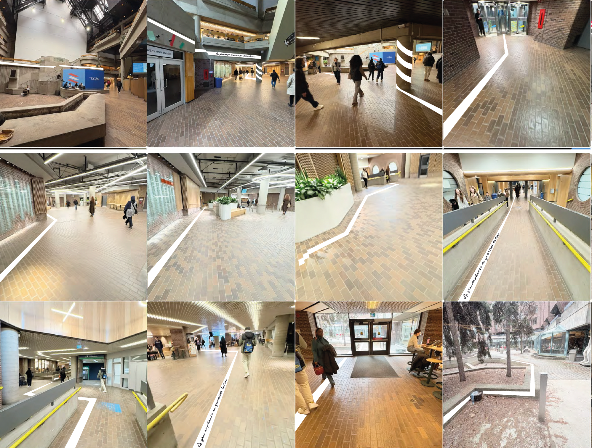 Grille de 12 photos | intérieurs de l'UQAM et corridors avec la ligne blanche au sol