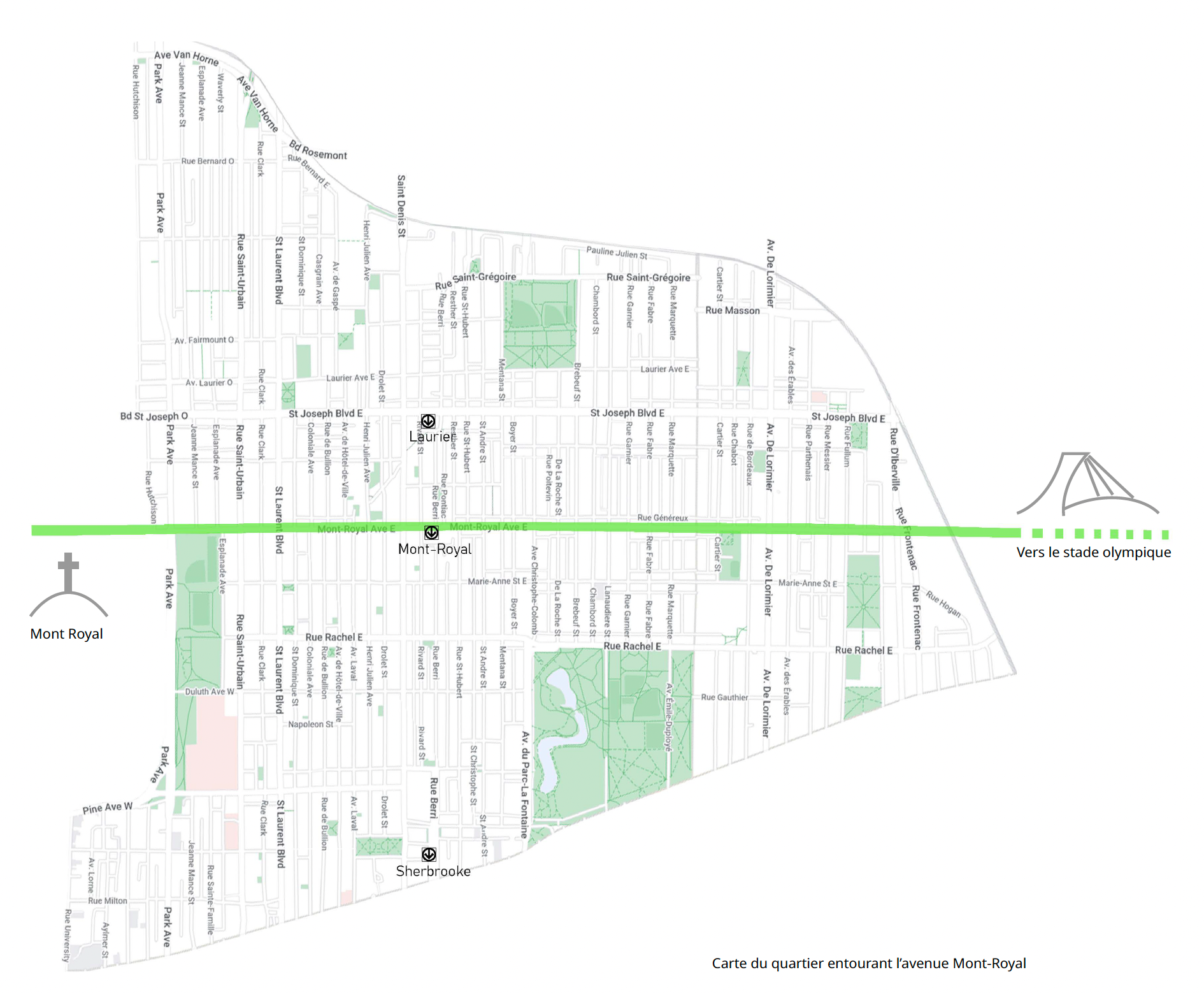 Carte du quartier entourant l'avenue Mont-Royal | tracé vert de l'avenue de Park Ave jusqu'au stade olympique