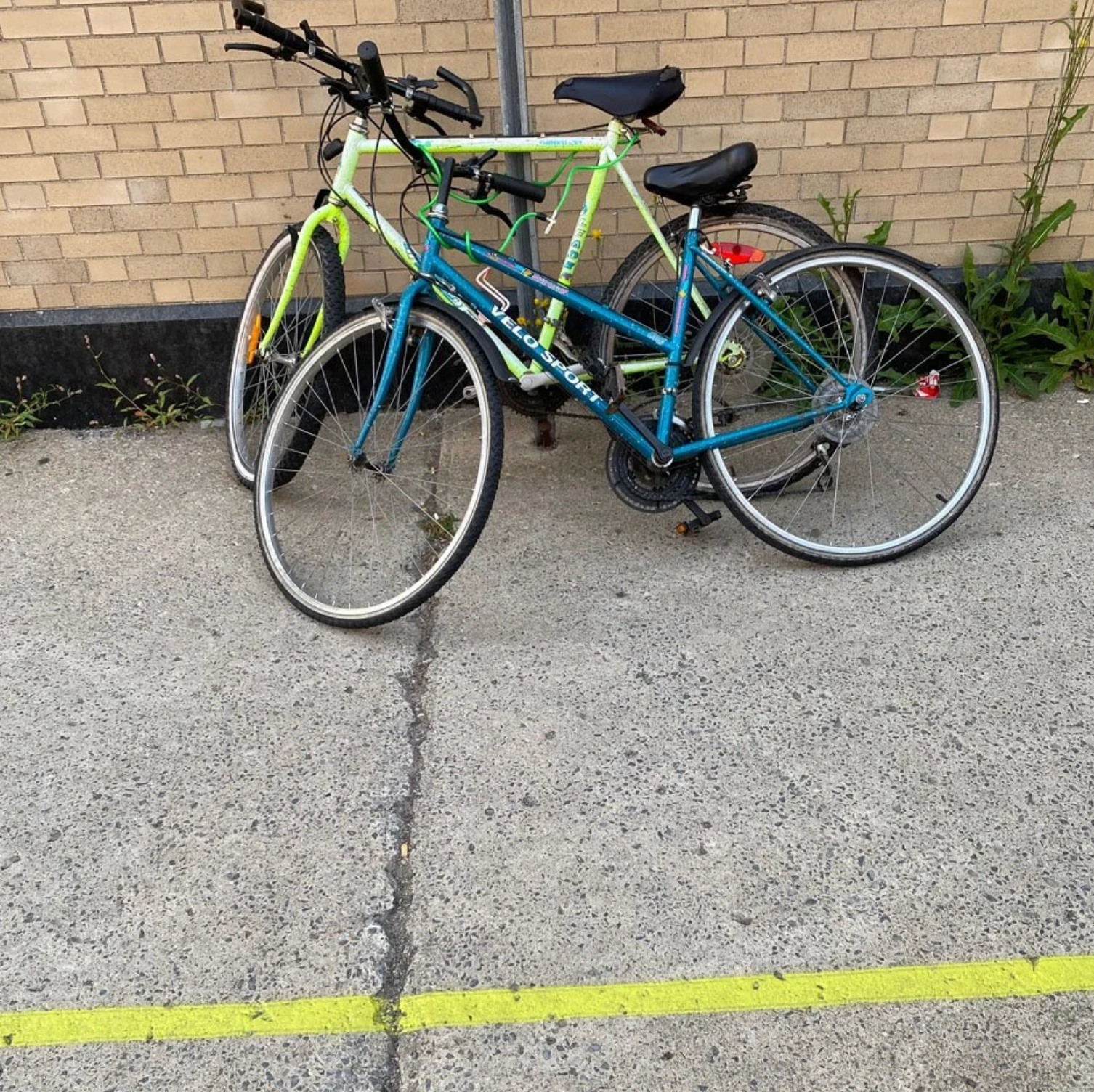 Vélos appuyés contre un mur de briques avec une ligne jaune au sol