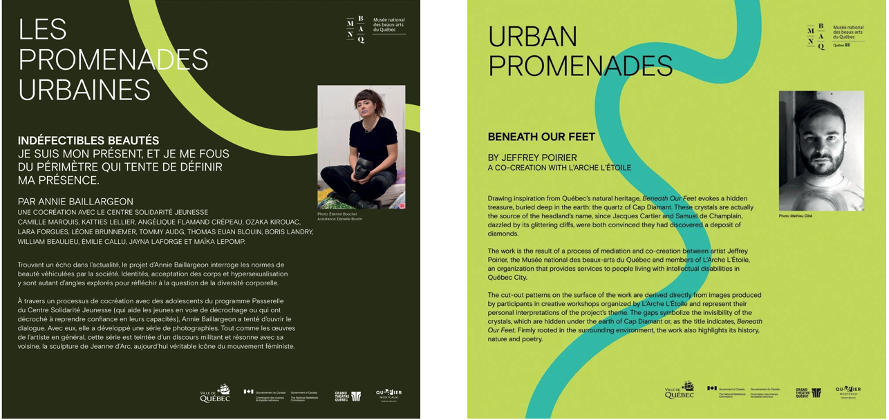 Affiche des Promenades Urbaines du MNBAQ sur une grille de parc