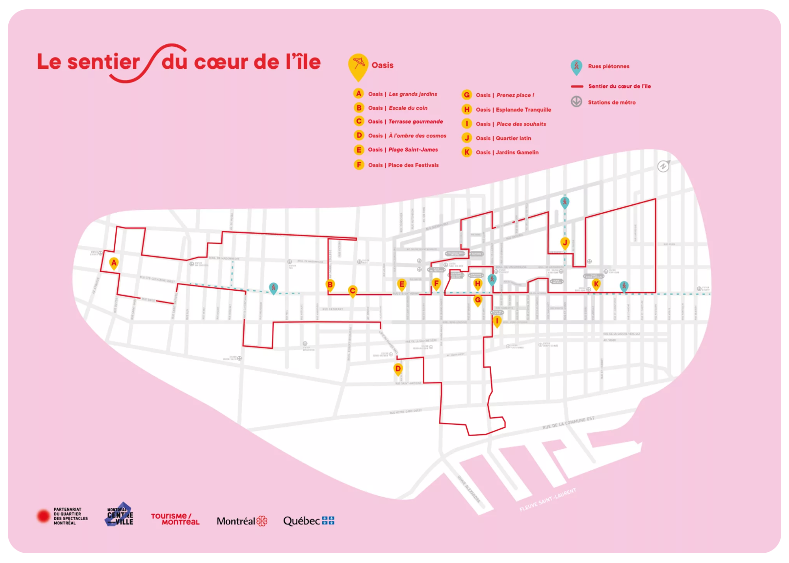 Carte du Sentier du cœur de l'île montrant les 11 oasis et les stations de métro sur fond rose