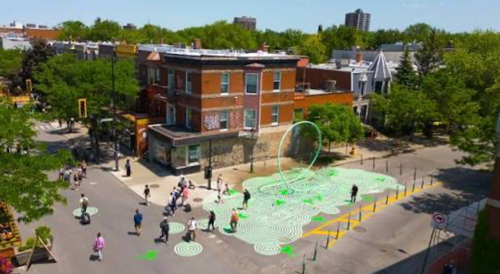 Vue aérienne du tube de l'été | anneau vert et fresque organique au sol à l'intersection de Saint-Hubert